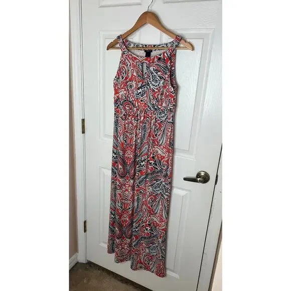 Ann Taylor Orange Navy Keyhole Paisley Sleeveless Maxi Dress Small Petite SP - Picture 2 of 6